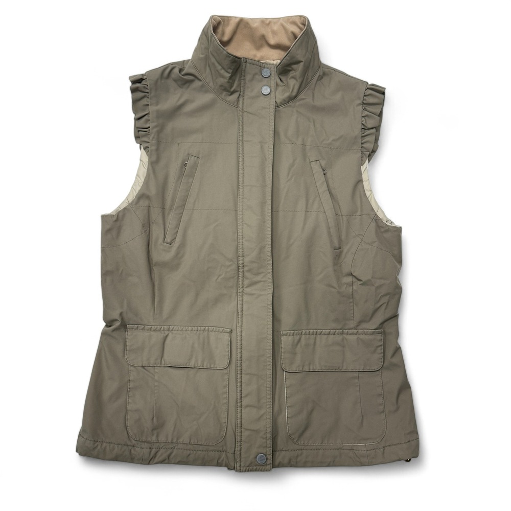 Ailin Women Olive Green Quilted‎ Ruffle Vest Medium Full Zip Canada Made Nylon